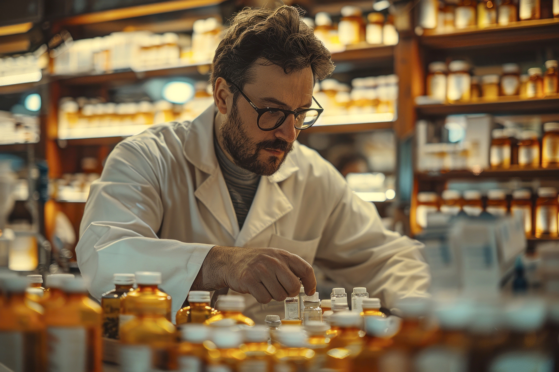 man-working-as-pharmacist Close-up shot of a male pharmacist from Greece labeling prescription bottles in a traditional pharmacy with a cozy atmosphere. The focus is on the detailed task of labeling. Realistic and cinematic. Award-winning photography. Advertising photography. Commercial photography. --chaos 13 --ar 3:2 --style raw --stylize 300 Job ID: 3c3592bd-d95b-4571-820f-a3353eea4bcd
